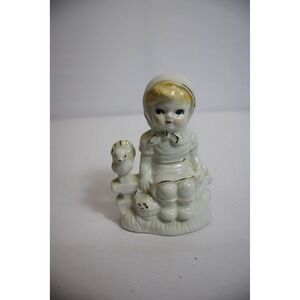 Vintage GOT Porcelain Girl Figurine Gold Trim, Bird Sitting on Fence with Basket